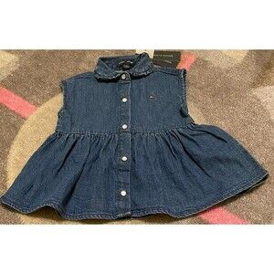NWT TOMMY HILFIGER Denim Dress Jean Sleeveless Tier Dress 3-6M MONTHS Snap Pearl
